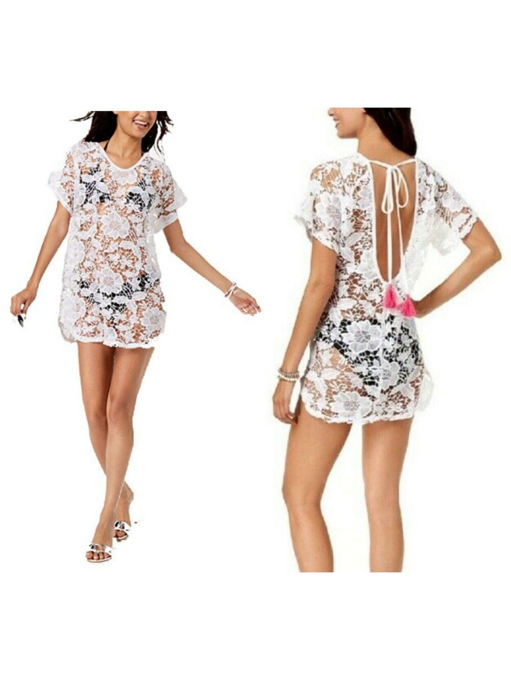 NEW Miken White Crocheted Tie-Back Swim Cover-Up S